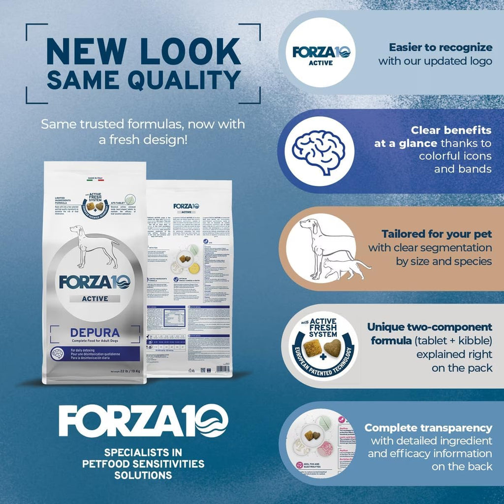 Forza10 Active Depura Dry Dog Food for Adult Dogs - 22 LB - Fish Flavor | With Omega-3 and Omega-6 - Skin and Coat Support for Adult Dogs - Non-GMO - Made in Italy