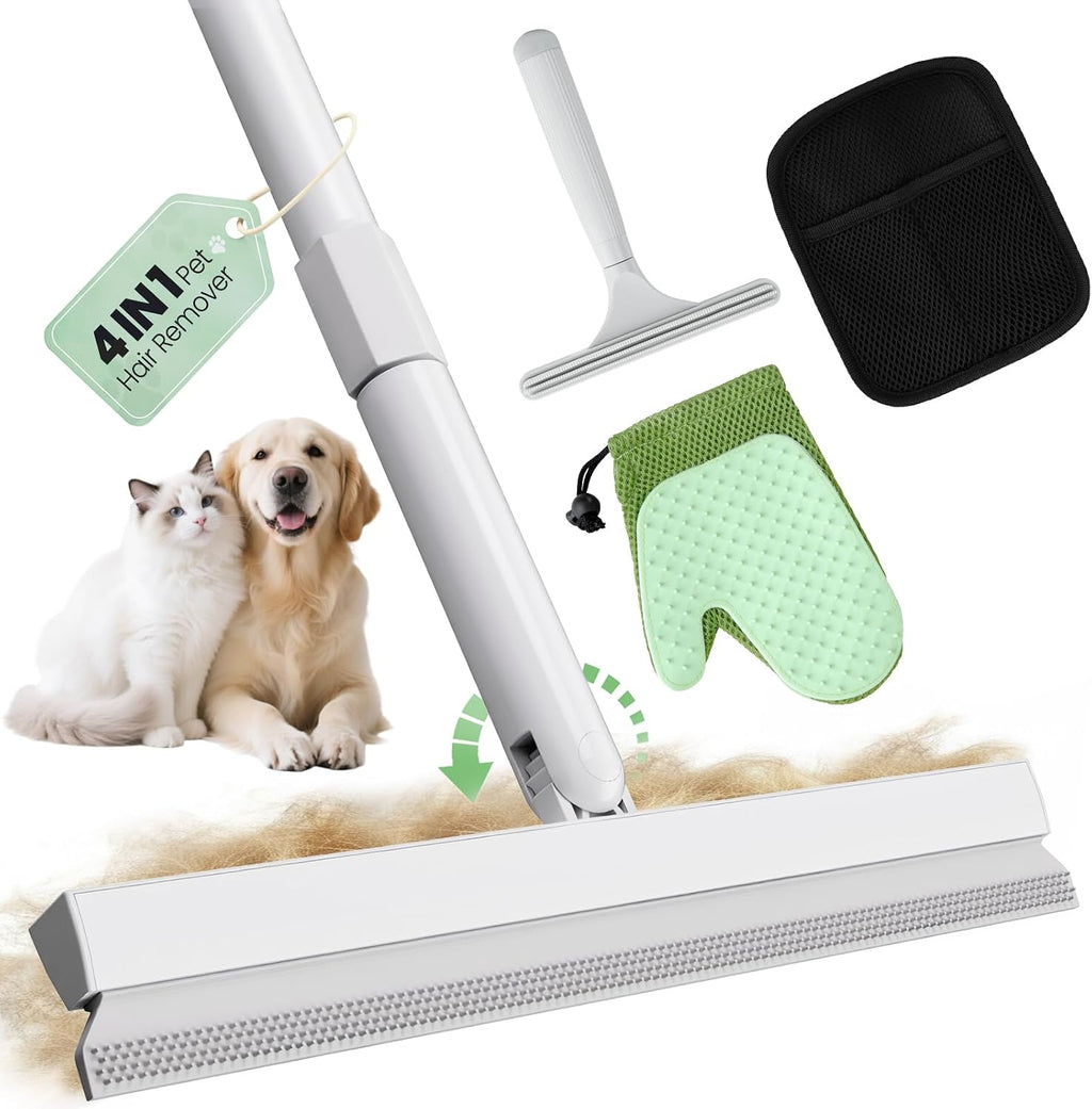 Carpet Rake for Pet Hair Removal Tool - 4 in 1 Pet Hair Remover Kit for Dog Cat Fur Remover, Contain 60" Adjustable Rubber Broom, Glove, Magic Brush and Scraper for Furniture,Short Pile Carpets, Mats