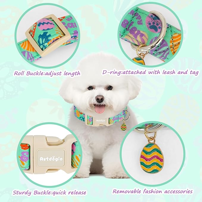 Easter Dog Collar for Medium Dogs, Adjustable Green Medium Dog Collar with Colorful Eggs Pattern, Cute Easter Dog Collars Girl Boy Collar for Dogs -M
