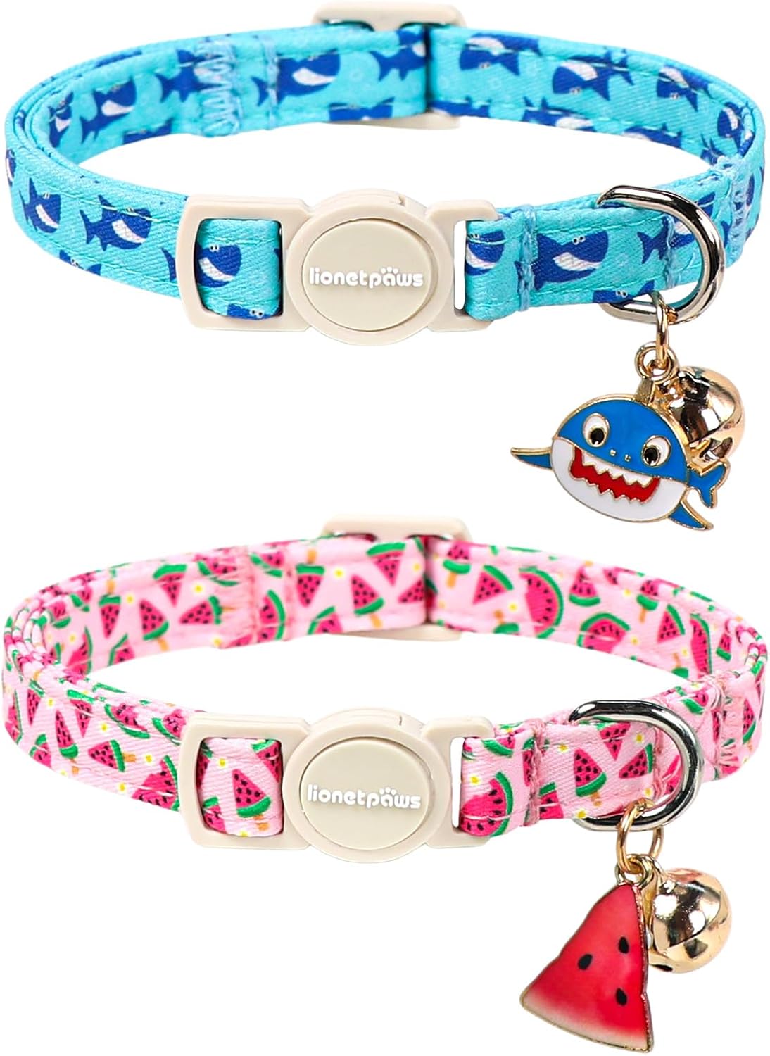 Lionet Paws 2pcs Pack Summer Cat Collar,Breakaway Buckle with Blue Shark and Pink Watermelon Pendant Cute Adjustable Cat Kitten Collar,Ideal for Girl Boy Cats