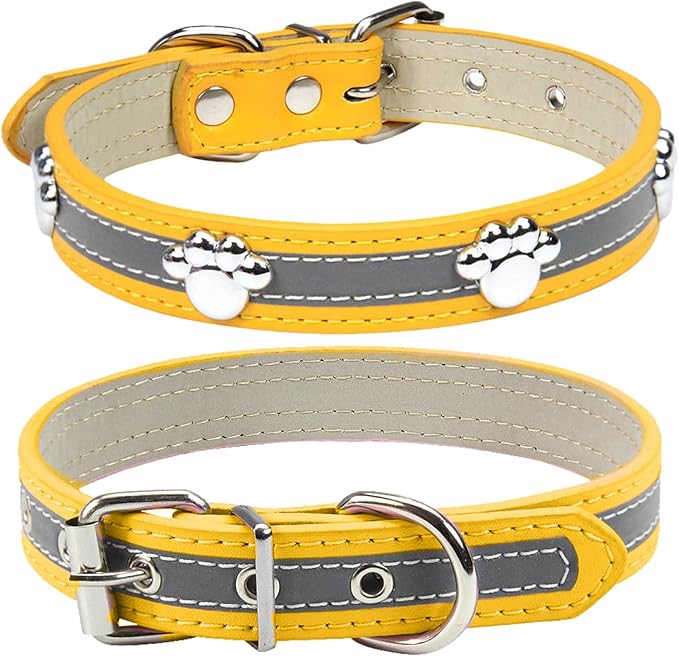 PETCARE Reflective Dog Collar with Cute Paw Rivet Studded Funny Soft PU Leather Adjustable Puppy Dog Collars for Small Medium Large Dogs Cats (Yellow,XX-Large)