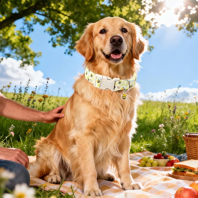 DOGWONG Spring Summer Dog Collar- Bee Flower Dog Collar, Adjustable Soft Girl Boy Dog Collar for Small Medium Dogs, S
