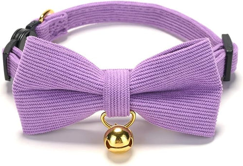 2 Pack Soft Corduroy Cat Collars with Bow Tie & Bell, Adjustable Breakaway Cotton Kitty Bowtie Collar for Girl Female Kitten (Pink & Purple)