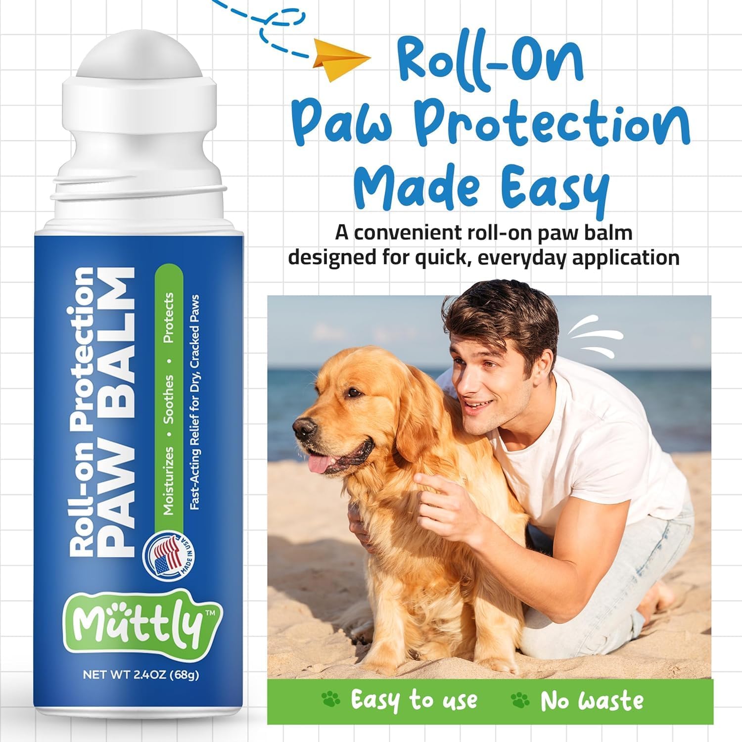 Roll-On Dog Paw Balm, Dog Paw Protector for Hot Pavement & Snow, 2.4 oz Wax | Non-Toxic, Food-Grade, Natural Dog Paw Moisturizer for Dry, Cracked Paws, Lick Safe Paw Balm, Easy-to-Apply Paw Wax for Dogs