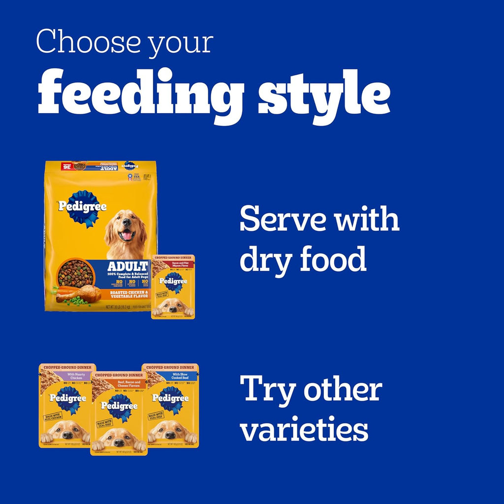 Pedigree Chopped Dinner Wet Dog Food Pouch, Variety Pack, 3.5 oz, 18 Count | Chicken, Beef, Bacon & Filet Mignon, no added sugar, no artificial flavors, serve as topper or complete meal, steam cooked