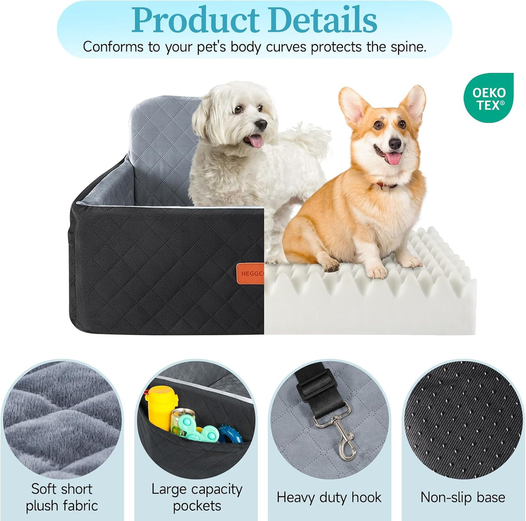 HEGGCOOE Dog Car Seat for Medium/Large Dogs, Pet Booster Seat for Up to 55 lbs or 2 Small Dogs, Detachable & Washable Dog Car Bed for Backseat with 2 Safety Leashes (Black/Grey)