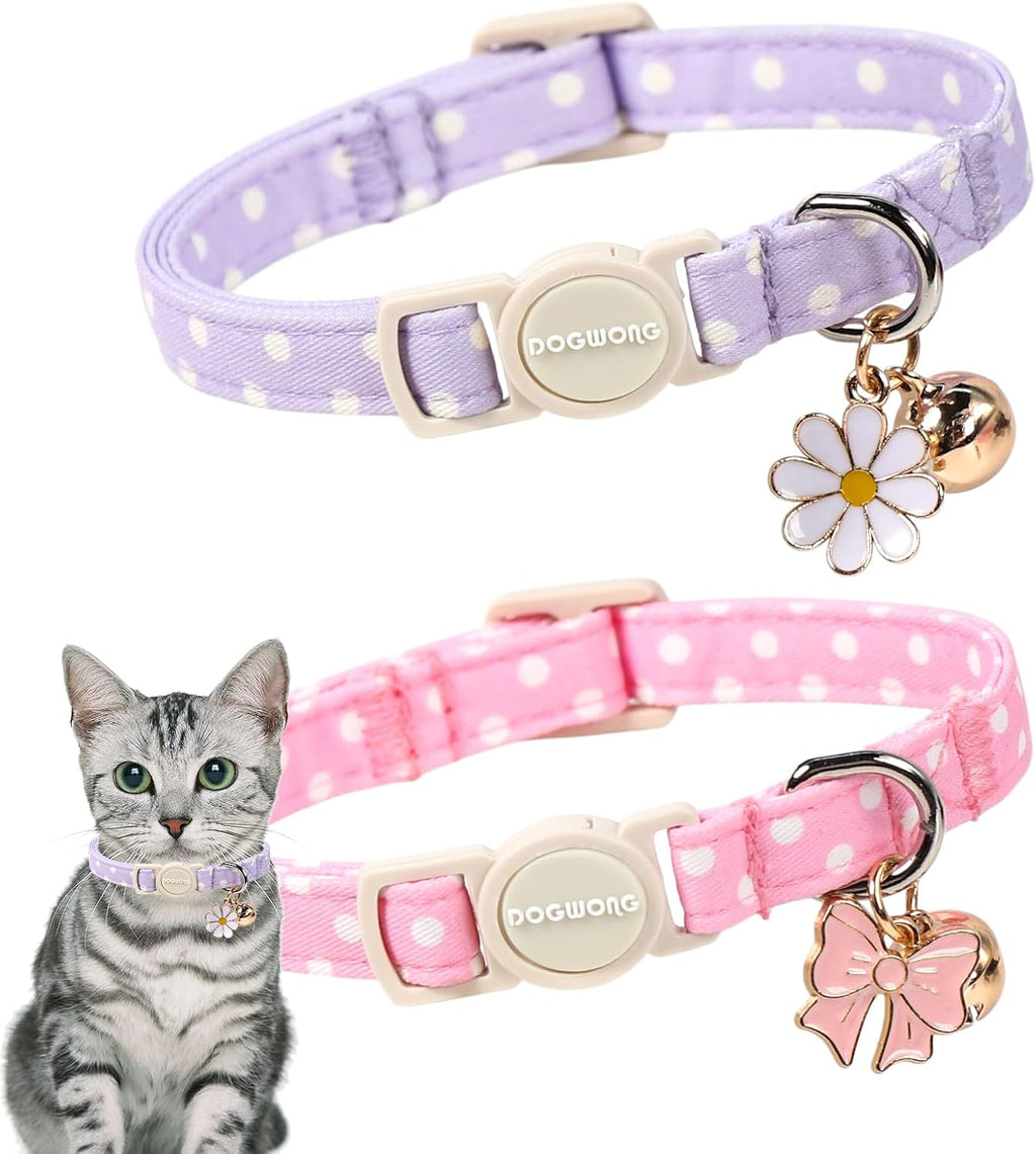 2 Pack Pink Purple Polka Cat Collars Breakaway with Bell, DOGWONG Safety Buckle Cat Collar for Girl Boy Cats and Small Dogs，Adjustable 7-12 Inch,Pet Supplies Accessories