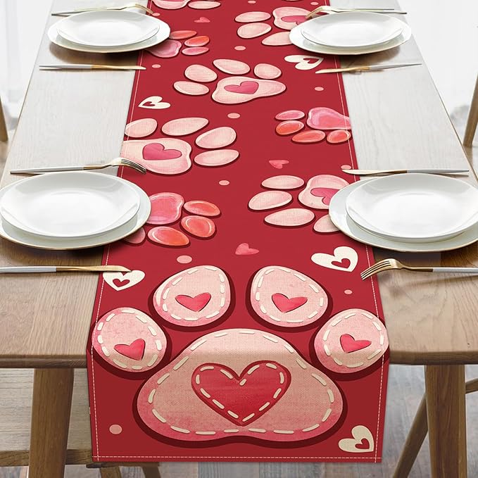 Valentines Day Dog Cat Paw Prints Table Runner, Red Love Hearts Kitchen Dining Table Decoration Pet Lover Gift, Anniversary Wedding Burlap Indoor Outdoor Home Decor Party Supply 13 x 48 Inches