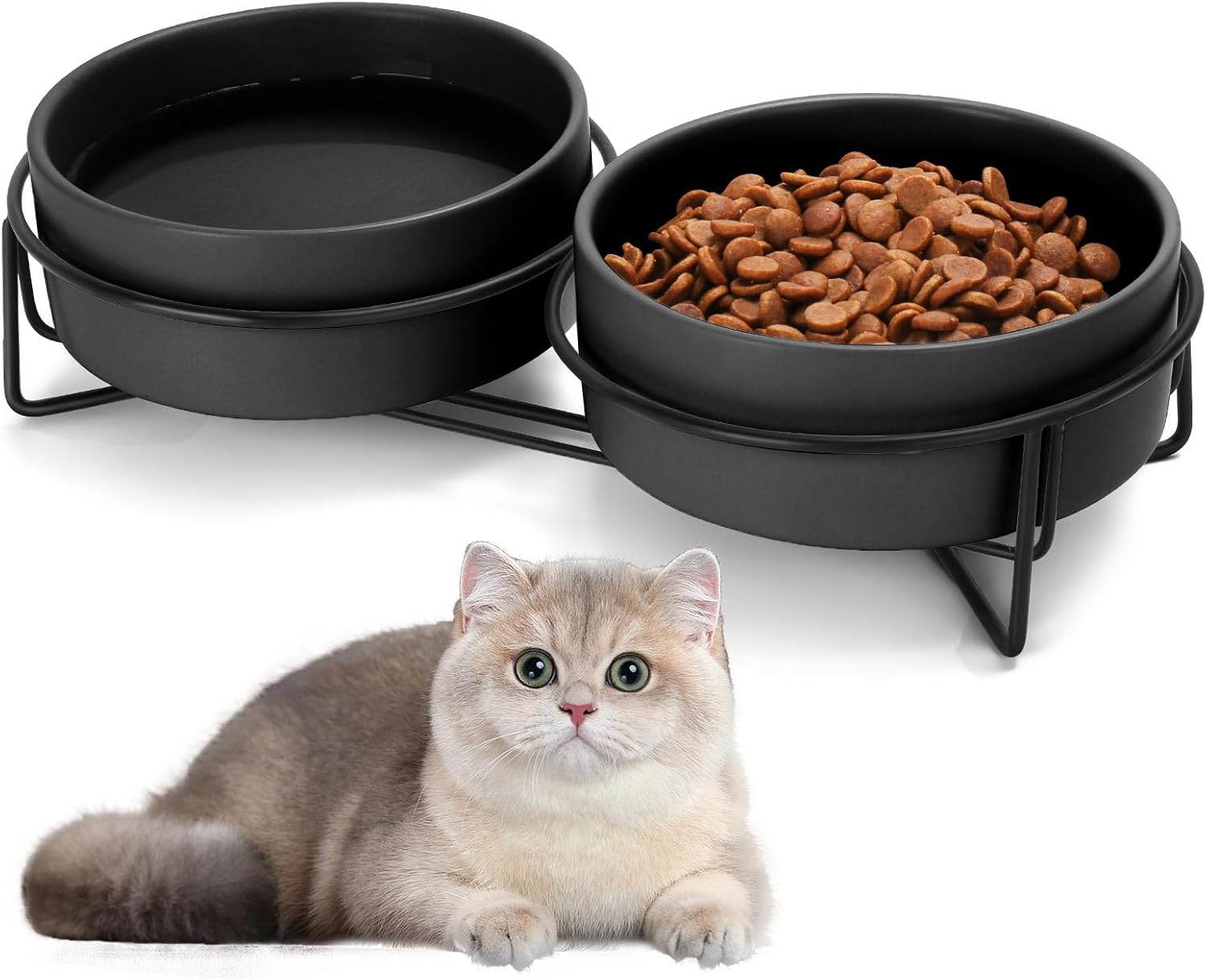 Ceramic Cat Bowl Set with Stand, 13.5oz Dog Food and Water Bowl Suitable for Small and Medium Pets (1.7 Cups, Black x 2)