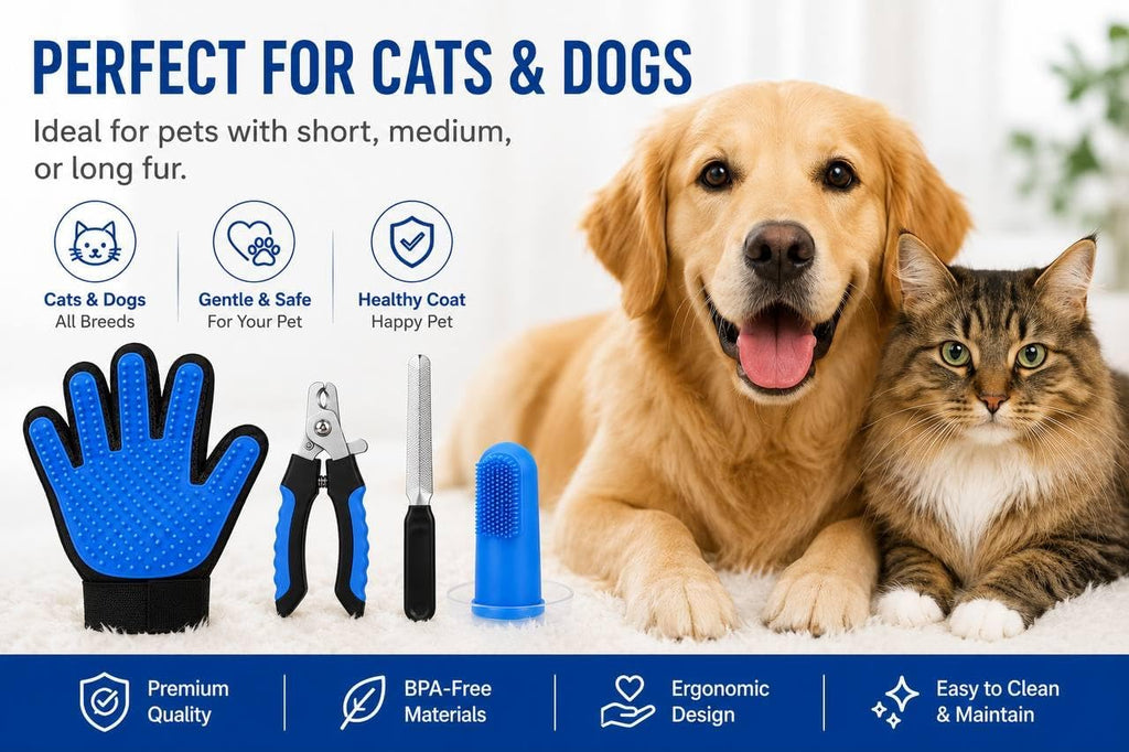 3-in-1 Pet Grooming Kit – Pet Deshedding Glove, 360° Silicone Finger Toothbrush, and Professional Dog Nail Clippers with File – Complete Grooming Set for Cats & Dogs with Short or Long Fur