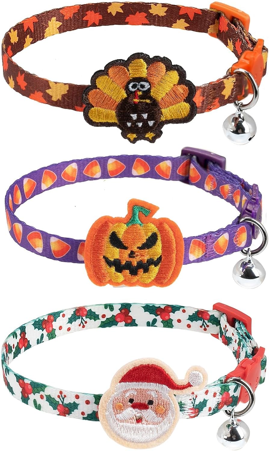 PUPTECK Halloween/Thanksgiving/Christmas Cat Collars Breakaway with Bell | Holiday Pattern Fall Pet Collar 3 Pack for Girl Boy Kittens Puppies and Small Pets