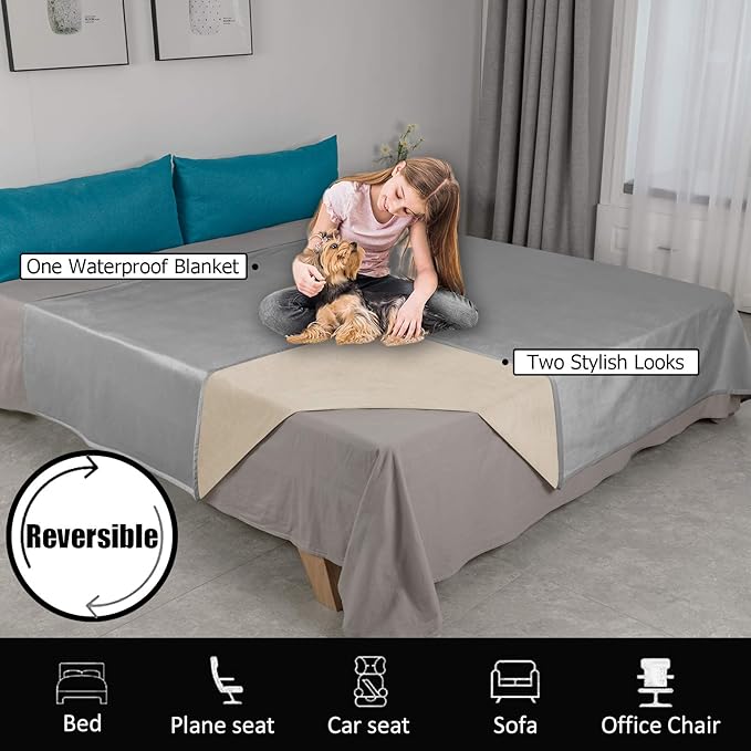 Ameritex Pet Bed Blanket Reversible 100% Waterproof Velvet Super Soft for Sofa and Bed (40x60 Inches, Light Grey+Beige)