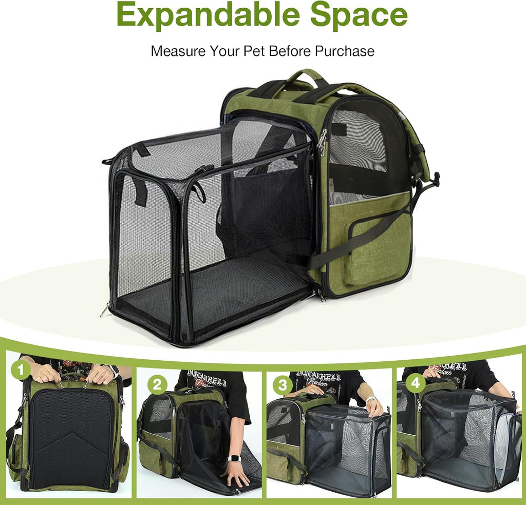 Large Cat Backpack Carrier Expandable Pet Carrier Backpack for Small Dogs Medium Cats Fit Up to 18 Lbs, Dog Backpack Carrier, Foldable Puppy Backpack Carrier for Travel,Dark Green, Large