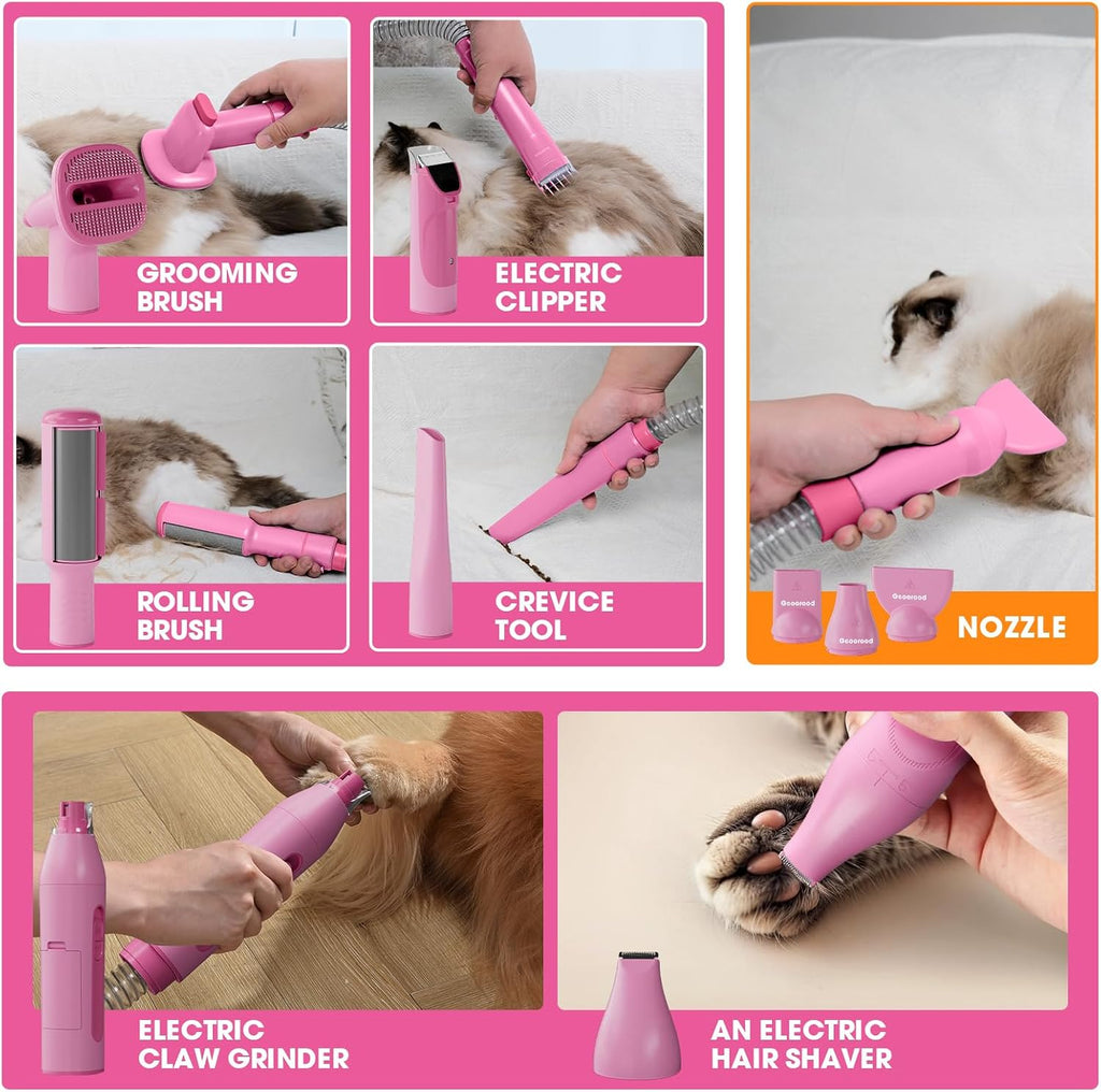 Dog Grooming Vacuum and Dryer Kit, Blower for Pet Vacuum Grooming 7 in 1 with Clippers for Dogs Hair Shedding Brush Remover Tools at Home Pink