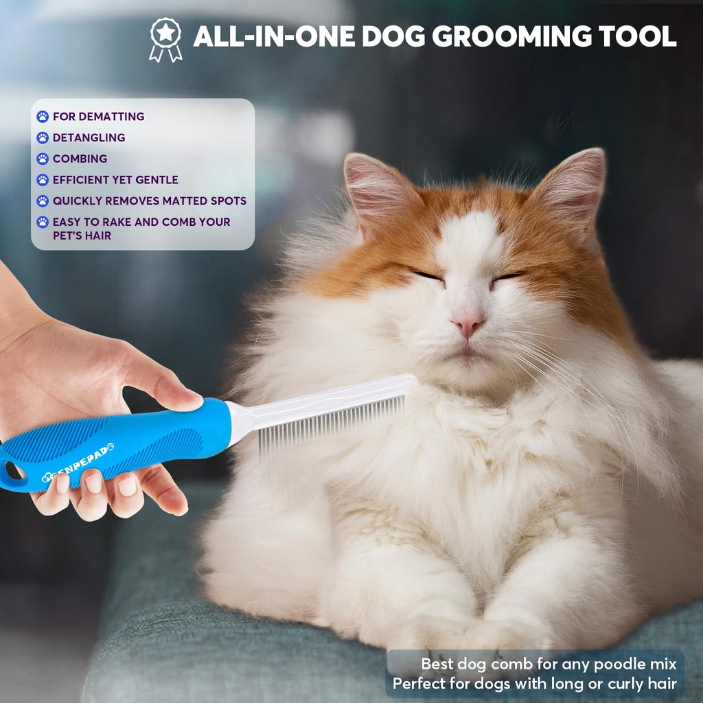 GENPEPADO Grooming Comb for Dogs and Cats with Long & Short Stainless Steel Metal Fine Teeth for Detangling Matted Hair - Pet Detangler Comb for Removing Tangles, Knots, Loose Fur from The Undercoat