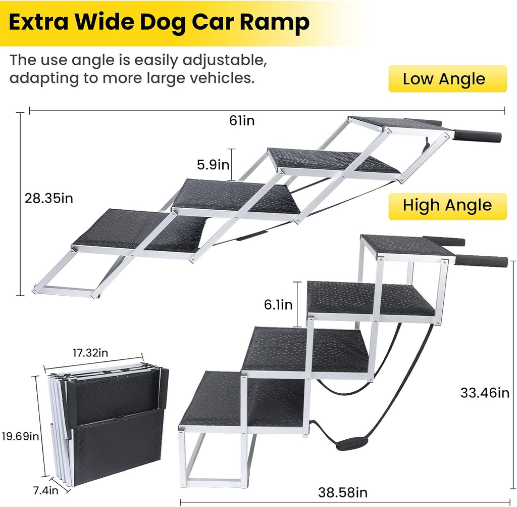 Dog Stairs for Large Dogs, Extra Wide Dog Ramp for Car with Non-Slip Surface, Folding Dog Car Ramp for SUV & Car, Outdoor, Supports up to 250 lbs, 4 Steps