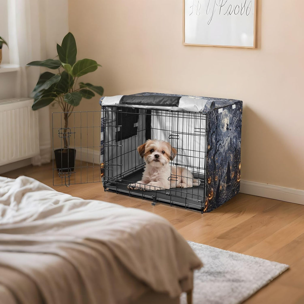 Dog Crate Cover Halloween Witch Heavy Duty 600D Oxford Waterproof Dog Kennel Cover for Wire Crates, UV Sun Protection and Breathable Mesh, Machine Washable - Fits S Crates