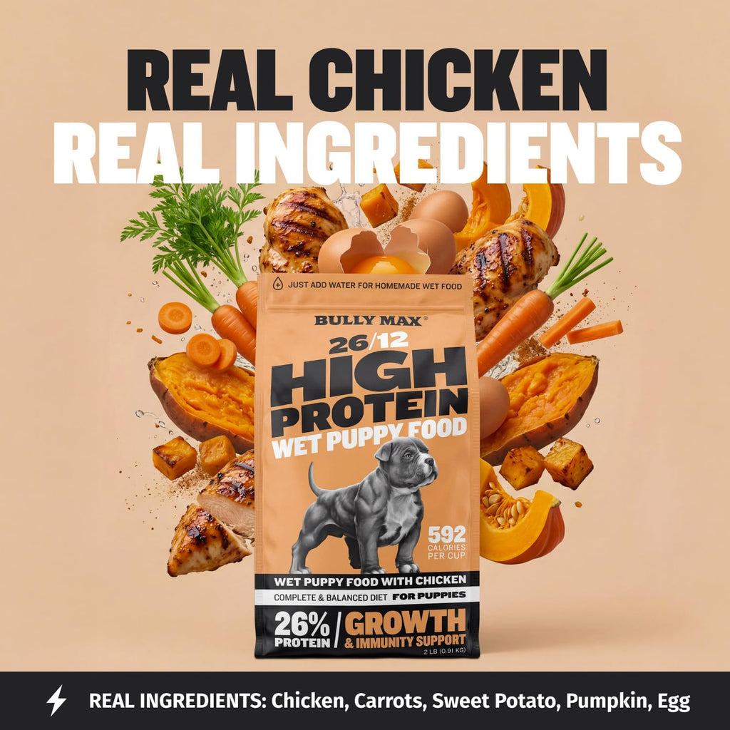 Bully Max Wet Puppy Food - Instant Fresh Dehydrated High Protein Soft Dog Food with Chicken - Healthy Growth for Small & Large Breed Puppies - 2 Dry Dog Food Pounds (Makes 5.5 lbs. of Wet Food)