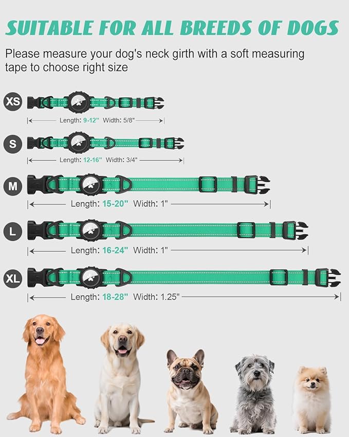 Joytale Airtag Dog Collar, Reflective Pet Collar with Waterproof AirTag Holder, Dual D-Rings, Soft Padded Adjustable for Small Dogs, Teal, S