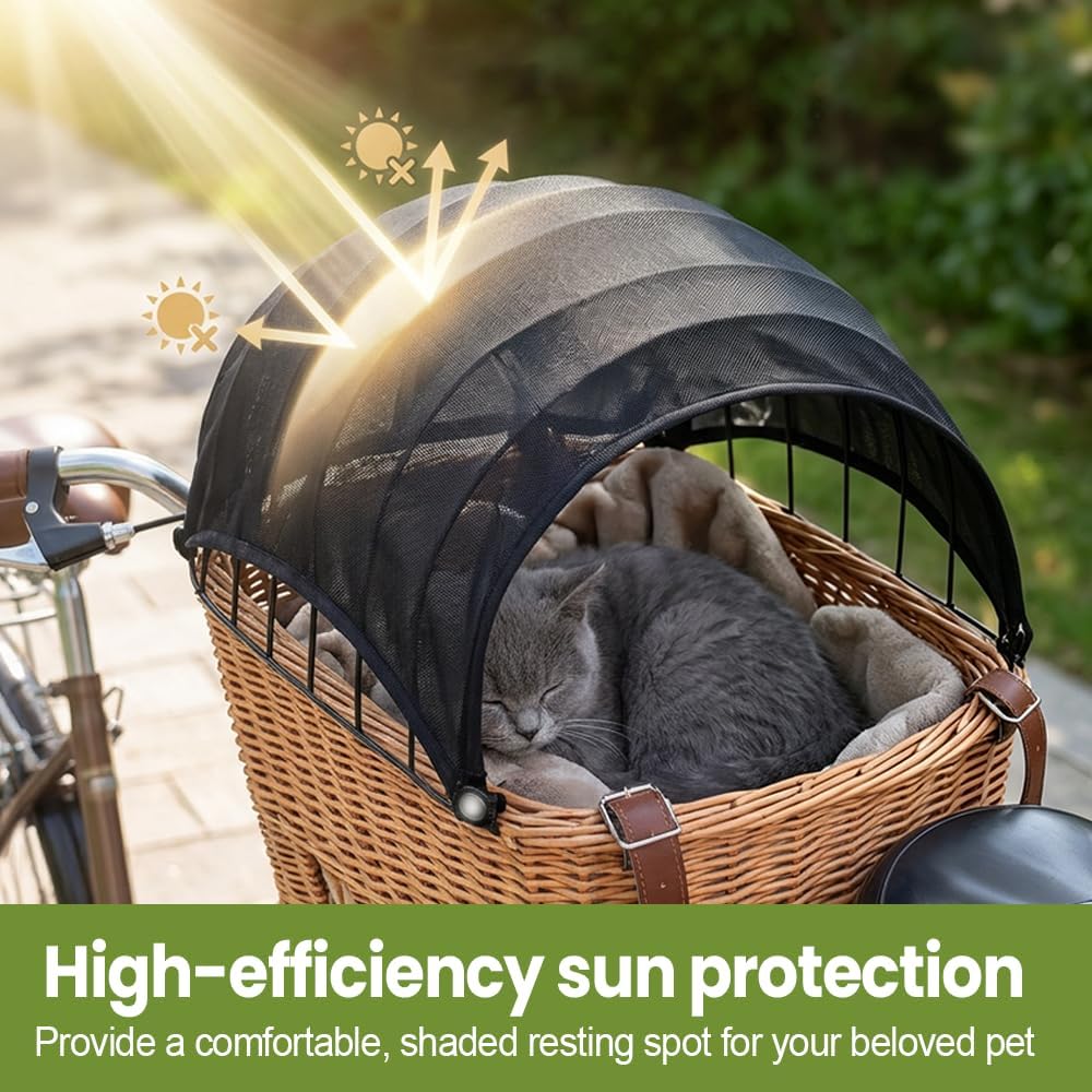 Bike Basket Sunshade for Dogs Cats, Quick Install Pet Canopy Cover, Breathable Mesh Anti Overheating Cooling Shade for Small Medium Pets Puppy Kitten Rabbit