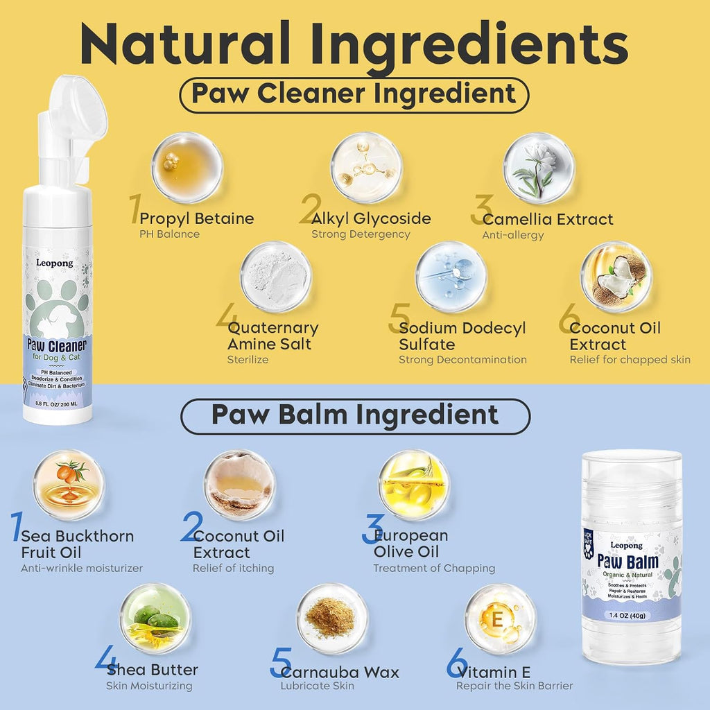 Leopong Dog Paw Cleaner Kit with Paw Balm, No-Rinse Foam, Silicone Brush | Removes Dirt While Moisturizing Paws