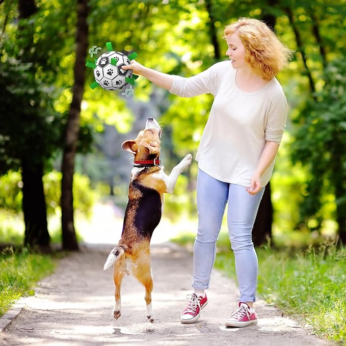 QDAN Dog Soccer Balls Toy with Bell Inside, Outdoor Interactive Toys for Tug of War, Puppy Birthday Gifts, Water Toy, Durable Ropes Squeaky Ball for Small Medium Dogs （6 INCH）