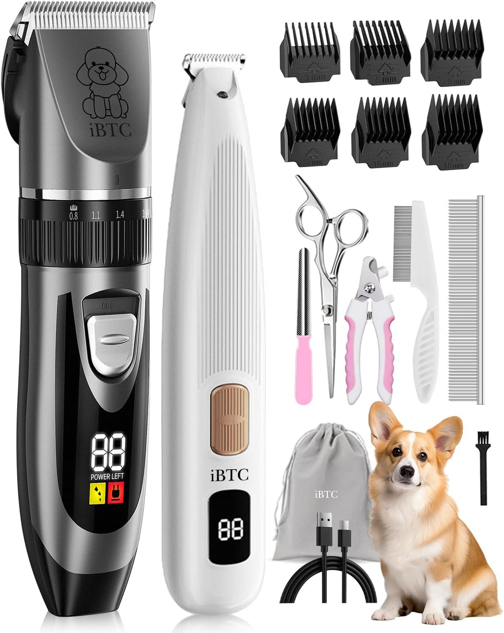 iBTC Dog Clippers and Paw Trimmer Kit 2 in 1 Low Noise Cordless Dog Clippers for Grooming Pet Hair Trimmers for Small and Large Dogs Cats Animals(Grey and White Set)