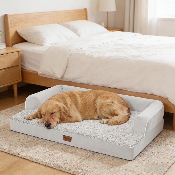 Orthopedic Dog Beds for Extra Large Dogs, Waterproof Egg Crate Foam XL Dog Bed with Sides 48x30Inch, Big Dogs Couch Beds with Removable Washable Cover and Nonskid Bottom, Grey White