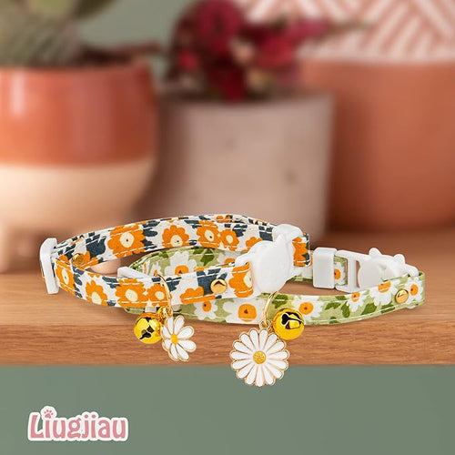 2 Pack Cotton Breakaway Cat Collar with Bell Green&Orange Daisy Pendant Cute Kitten Cat Collar Suitable for Girls and Boys