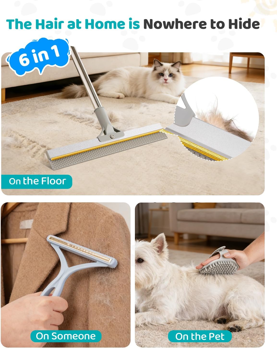 Carpet Rake for Pet & Human Hair Removal, Reusable Pet Hair Remover Tool with 54 Inch Adjustable Long Handle, 3 Piece Carpet Scraper Set, Easy Assembly for Rugs, Carpets, Couch and Furniture