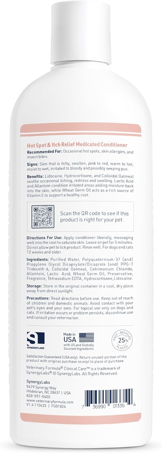 Veterinary Formula Clinical Care Hot Spot & Itch Relief Conditioner, 16 oz | Medicated oatmeal formula conditions the skin and helps alleviate itching in dogs and cats