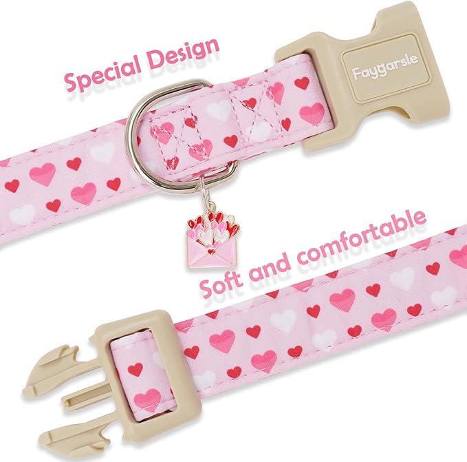 Faygarsle Valentine's Day Dog Collar, Pink with Red and White Hearts Pattern, Adjustable with Quick-Release Buckle and Heart Charm XS