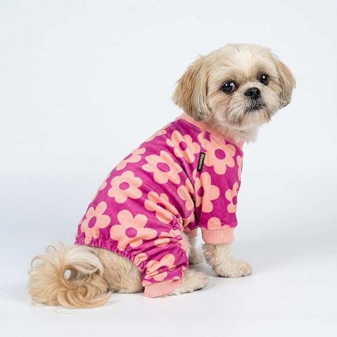 Fitwarm Flower Fleece Dog Pajamas, Warm Winter Dog Clothes for Small Dogs Girl, Cozy Pet Onesie with Feet, Pink, XL