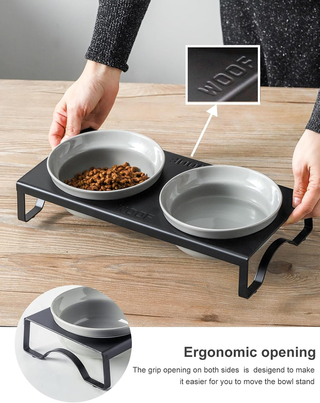 Ceramic Grey Dog Bowls Set - 5 inch Dog Food & Water Bowls, Elevated Feeding Bowls with Metal Stand for Small Size Dog,Puppy Bowl Set for Wet and Dry Food