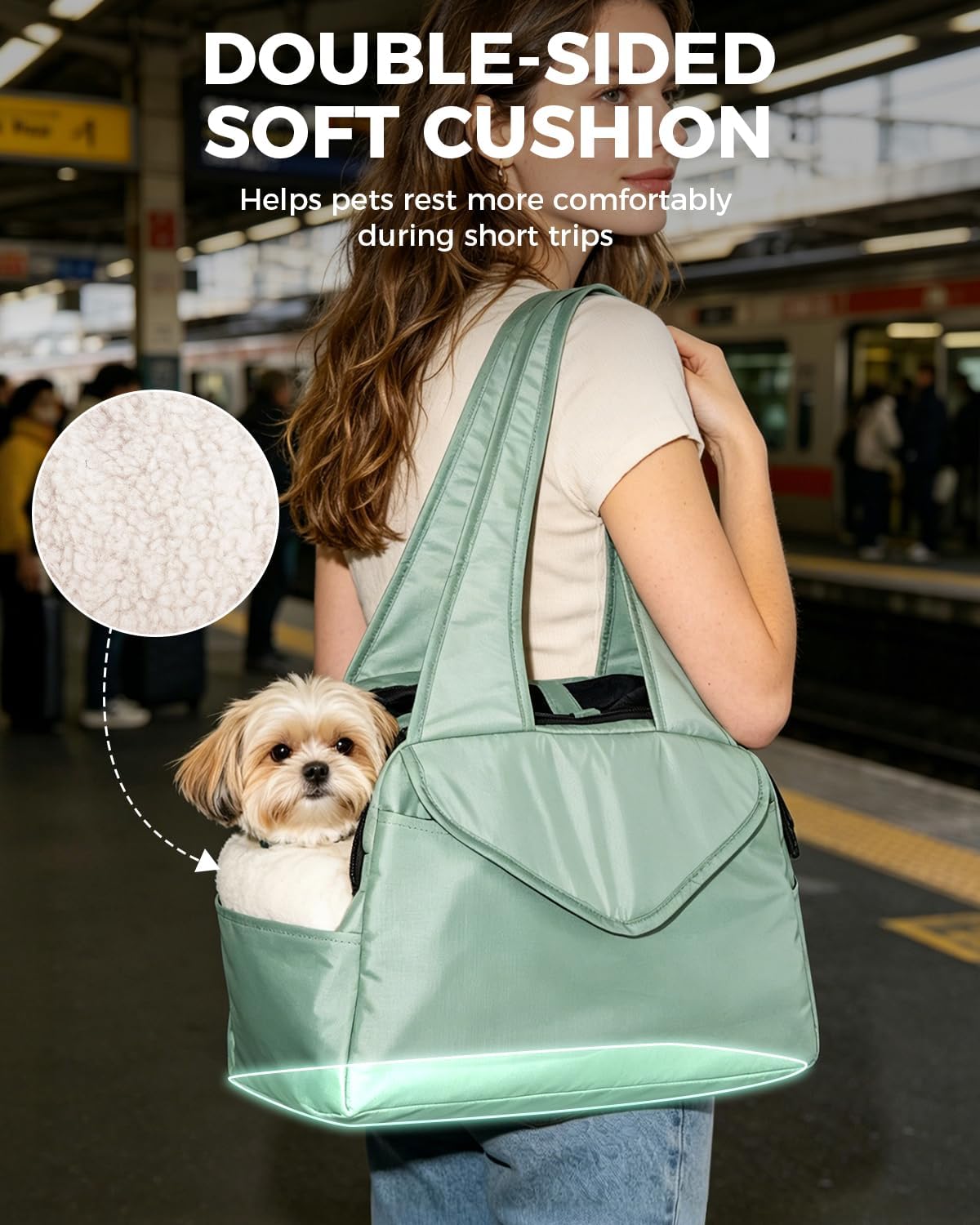Lightweight Dog Purse with Large Pockets for Small Dogs up to 8 lb | Stylish, Soft-Sided Small Dog Carrier with Safety Buckle and Breathable Anti-Scratch Mesh for Travel, Sage Green