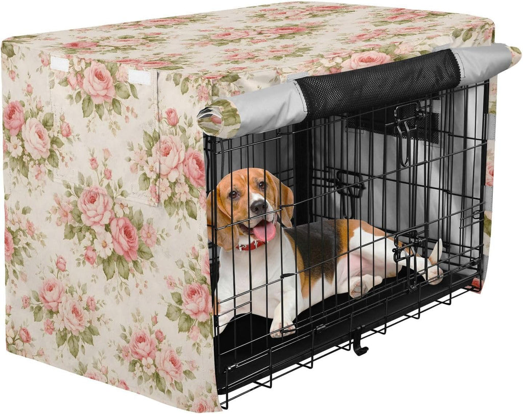 Shabby Chic Flowers Dog Crate Cover 600D Oxford Heavy Duty Kennel Cover Mesh Window Soundproof Waterproof Sunshade Universal Fit for 48 inches Wire Cage