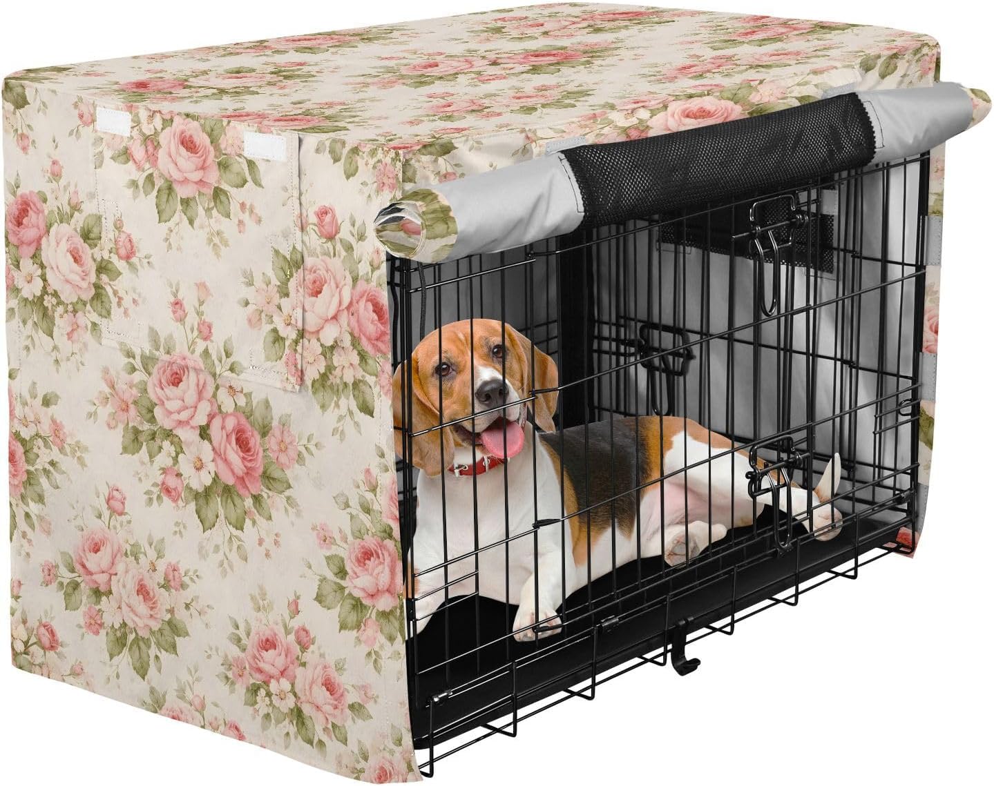 Shabby Chic Flowers Dog Crate Cover 600D Oxford Heavy Duty Kennel Cover Mesh Window Soundproof Waterproof Sunshade Universal Fit for 48 inches Wire Cage