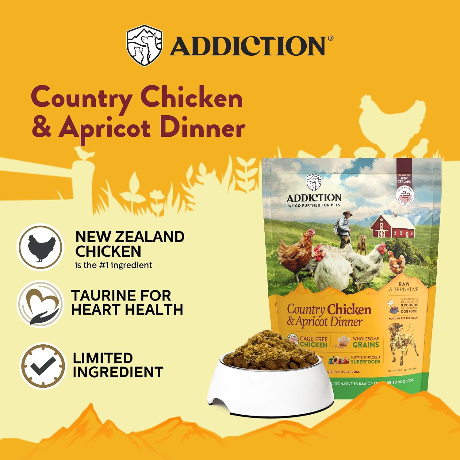 Addiction Country Chicken & Apricot Air-Dried Grain-Free Dog Food – Complete Meal or Topper with Natural Ingredients for Digestive and Skin & Coat Health, 2lb - 4 Packs