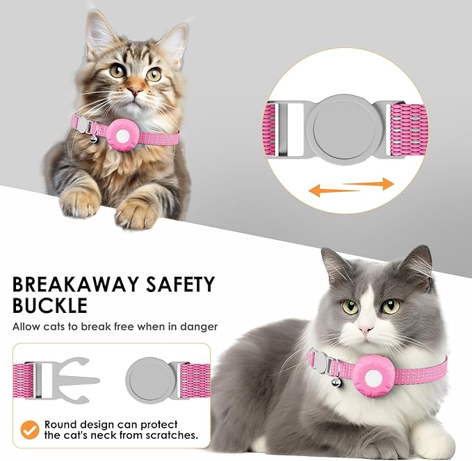 Cat Tracker, Lightweight GPS Tracker Compatible with Apple Find My App(Only iOS), Waterproof Cat Trackers Collar with Bell and Safety Elastic Buckle, No Monthly Fee Pet Tracker, Pink