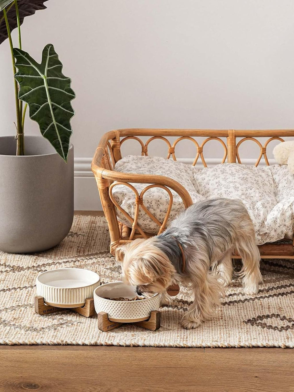 Ceramic Dog and Cat Bowl Set with Acacia Wood Stand - 2 Cup Weighted Non-Slip Food and Water Bowls for Small Dogs & Cats, Lines + Dot