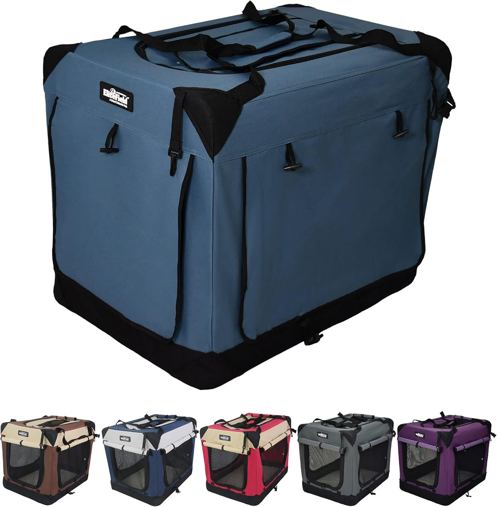 EliteField 4-Door Folding Soft Dog Crate with Curtains (2-Year Warranty) | 4 Mesh Doors, Steel Frame, Removable & Washable Crate and Bed Covers, Storage Pockets, Indoor/Outdoor, Foldable, Carrying Bag