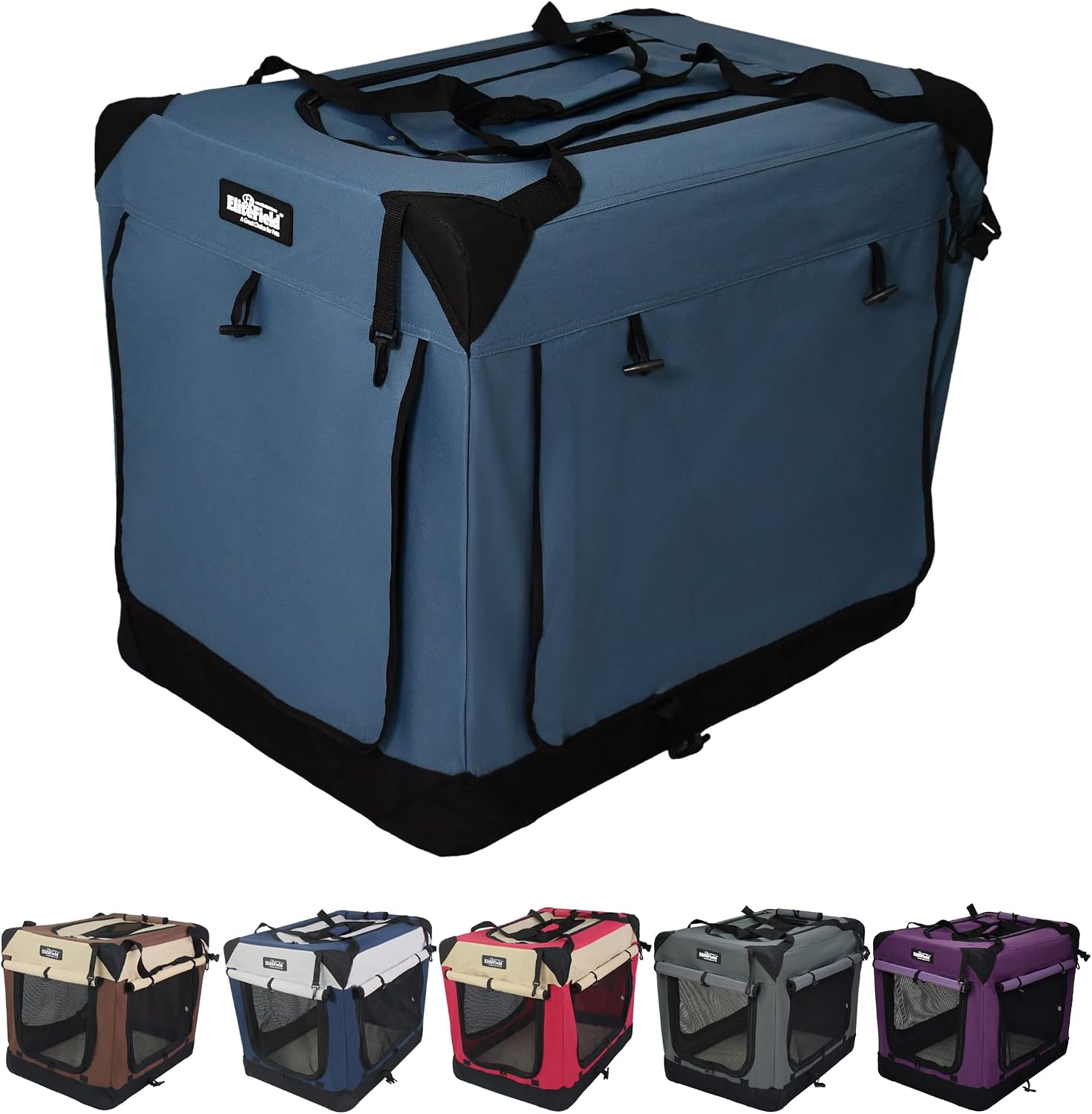 EliteField 4-Door Folding Soft Dog Crate with Curtains (2-Year Warranty) | 4 Mesh Doors, Steel Frame, Removable & Washable Crate and Bed Covers, Storage Pockets, Indoor/Outdoor, Foldable, Carrying Bag