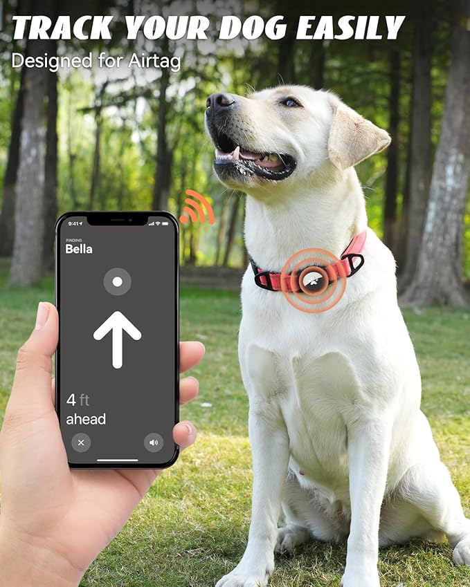 Joytale Airtag Dog Collar, Reflective Pet Collar with Waterproof AirTag Holder, Dual D-Rings, Soft Padded Adjustable for Medium Dogs, Neon Pink, M