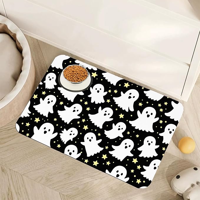 Halloween Pet Feeding Mat,Ghosts Absorbent Quick-Dry Cat Dog Food and Water Bowl Mats,Non-Slip Rubber Backing Mat,Cat Dog Accessories Supplies 16"x24"
