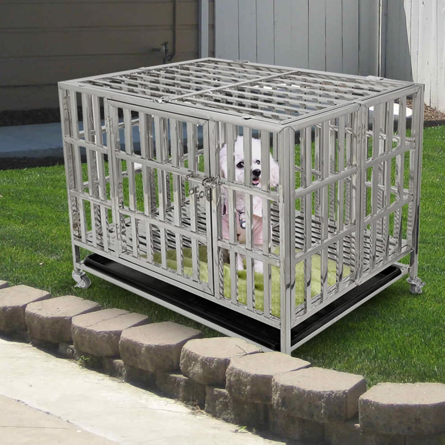 Confote 37 Inch Heavy Duty Dog Crate Metal Cage Kennel, High Anxiety Pet Cage with Lockable Wheels & Double Doors for Small Medium Large Dogs