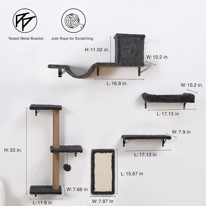 5-in-1 Cat Wall Shelves, Multi-Level Cat Climbing Furniture, Perch & Lounge for Indoor Cats, Space-Saving Wall Mounted Cat Shelves for Play & Rest (Natural Wood) - Gray