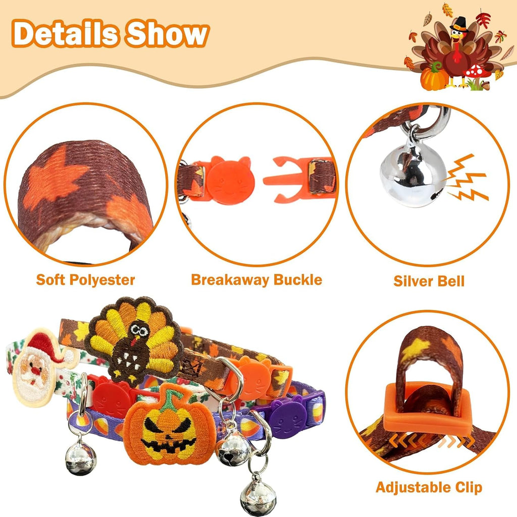 PUPTECK Halloween/Thanksgiving/Christmas Cat Collars Breakaway with Bell | Holiday Pattern Fall Pet Collar 3 Pack for Girl Boy Kittens Puppies and Small Pets