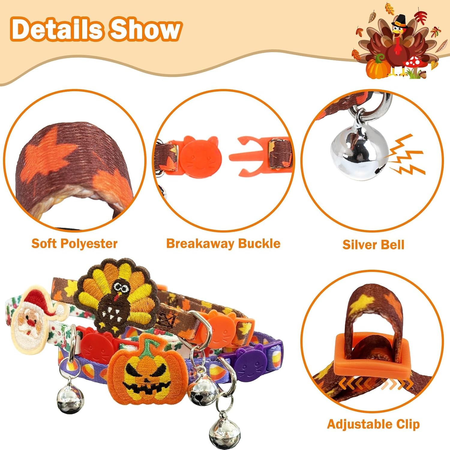 PUPTECK Halloween/Thanksgiving/Christmas Cat Collars Breakaway with Bell | Holiday Pattern Fall Pet Collar 3 Pack for Girl Boy Kittens Puppies and Small Pets