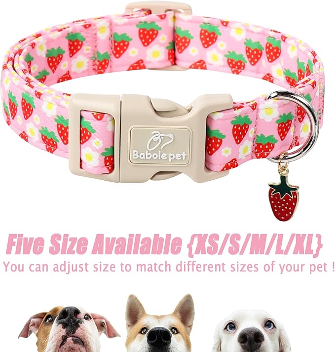 Cute Spring/Summer Dog Collar, Adjustable Pink Strawberry Dog Collars for Giant Large Dogs, Lightweight Quick-Release Buckle Collar for Boy&Girl Dogs XL