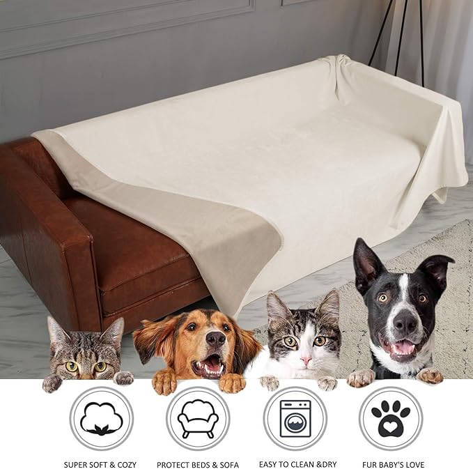 Ameritex Pet Bed Blanket Reversible 100% Waterproof Velvet Super Soft for Sofa and Bed (82x82 Inches, Cream+Beige)